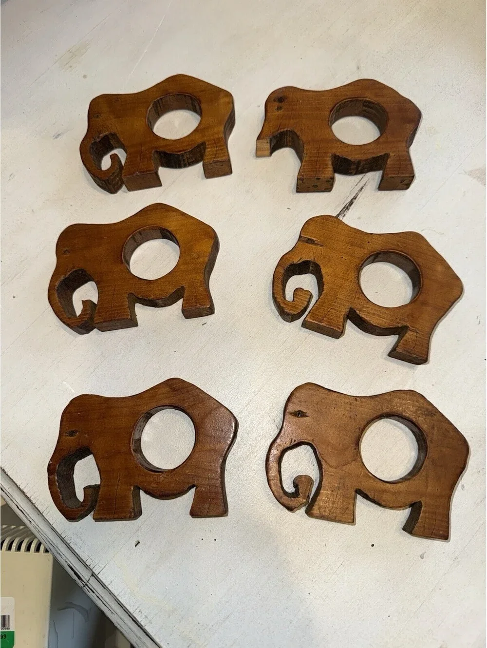 Vintage Hand Carved Wooden Elephant Napkin Holders Philippines Set Of 6 1970's